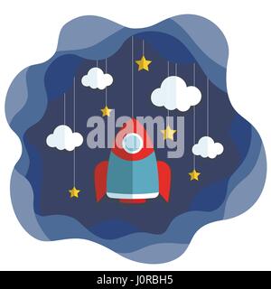Spacecraft Vector illustration Space with stars, clouds and flying rocket in paper art cartoon style. Trendy cute design Stock Vector