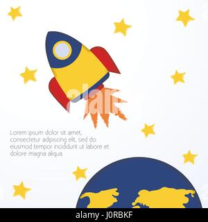Spacecraft Vector illustration Postcard template Flying yellow rocket among stars on white background Cute design in children's drawing style Stock Vector