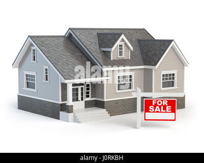 House and for sale real estate sign isolated on white. 3d illustration Stock Photo