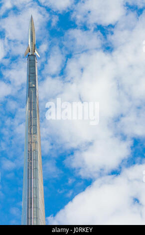 Closeup view on the sky background of the Monument to the Conquerors of Space in Moscow, Russia Stock Photo