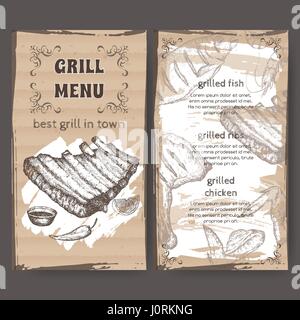 Vintage grill restaurant menu template with hand drawn sketch Stock Vector