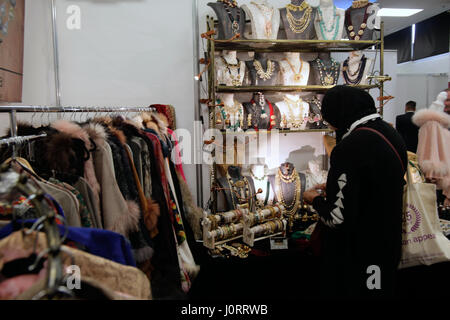 London, UK. 15th April 2017. London Olympia held the Muslim Lifestyle event ,showcasing  clothes ,silk garments,jewelry and even an Ar gallery for the hundreds of families who come and enjoy the London Muslim Lifestyle Show Credit: Paul Quezada-Neiman/Alamy Live News Stock Photo