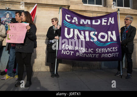 London, UK. 15th April, 2017. Members of the local community support striking Picturehouse cinema workers on the picket line in Hackney. BECTU members from Picturehouse cinemas are currently striking for for the London Living wage, sick pay, maternity pay and trade union recognition. Credit: Mark Kerrison/Alamy Live News Stock Photo