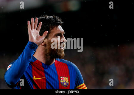 Barcelona, Spain. 15th Apr, 2017. Barcelona's Lionel Messi reacts during the Spanish first division soccer match FC Barcelona against Real Sociedad at the Camp Nou Stadium in Barcelona, Spain, April 15, 2017. Barcelona won 3-2. Credit: Pau Barrena/Xinhua/Alamy Live News Stock Photo