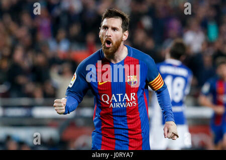 Barcelona, Spain. 15th Apr, 2017. Barcelona's Lionel Messi celebrates after scoring during the Spanish first division soccer match FC Barcelona against Real Sociedad at the Camp Nou Stadium in Barcelona, Spain, April 15, 2017. Barcelona won 3-2. Credit: Pau Barrena/Xinhua/Alamy Live News Stock Photo