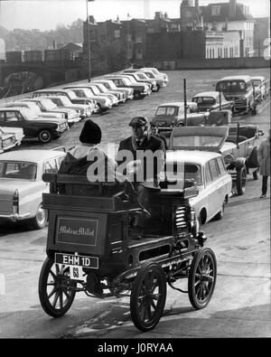 Nov. 11, 1966 - Vintage cars, etc, to be sold by auction; Early Bicycles, Vintage Motor Cycles, Engine Models, Horse drawn Vehicles, and Car Carriage Lamps and Motoring Mescellanea, and Veteran, Edwardian and vintage motor cars, will be sold by auction by Sotheby's at Earl's Court on Friday, November 4th. Photo Shows A Moteur Millot (approx. 1900 vintage) being driven into Earls Court today, by Allan Hancock, of Rex Place, Mayfair. He found it being used as a static motor on a farm in the South of France, brought it, and renovated it to its present excellent condition. (Credit Image: © Keyston Stock Photo