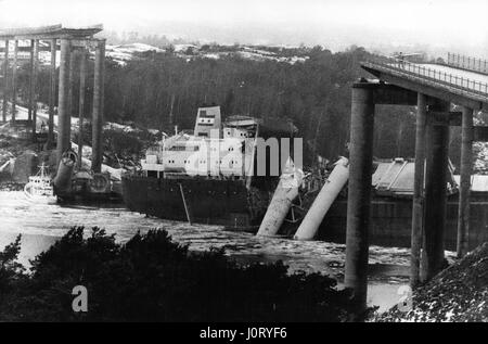 Jan. 01, 1980 - 10 die as ship hit bridge in Sweden: At least 10 people died when the 27.000 ton ''Star Clipper'' was in collision with a road bridge near Gothenburg, Sweden. The bridge connected the islands of Tjorn and Orus, six cars and two trucks drove over the bridge into the sea at the time of the collision. Photo shows Part of the bridge structure seen on the deck of the ship after the collision/ (Credit Image: © Keystone Press Agency/Keystone USA via ZUMAPRESS.com) Stock Photo