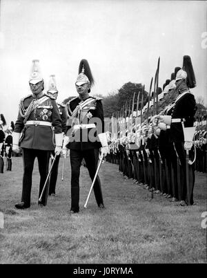 May 05, 1965 - Coughing Epidemic Keeps the Lifeguards On Foot As They Recieve The Freedom Of Windsor: The freedom of the Royal Borough of Windsor was given to the Household Cavalry at a special ceremony held in the home Park, Windsor Castle, today. Immediately following this ceremony the Household Cavalry exercised their right by marching through the town of Windsor with bands plkating. Armoured cars from the Lifeguards took part in the parade, but, owing to the coughing epidemic of the horses at Knightsbridge BArracks, the rest of the parade was on foot. Photo shows. Earl Mountbatten of Burma Stock Photo
