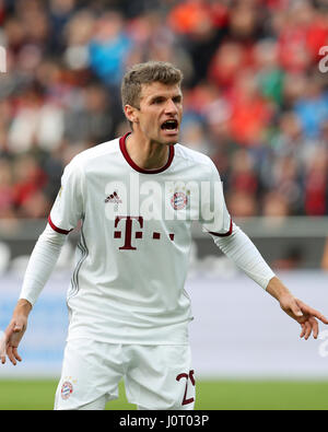 Leverkusen. 15th Apr, 2017. Thomas Mueller of Bayern Munich reacts during the Bundesliga soccer match between Bayer 04 Leverkusen and FC Bayern Munich at BayArena Stadium in Leverkusen, Germany on April 15, 2017. The match ended with a 0-0 draw. Credit: Joachim Bywaletz/Xinhua/Alamy Live News Stock Photo