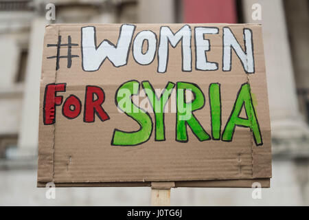 London, UK. 13th April, 2017. Women For Syria Vigil. Women and supporters attend a vigil and rally in Trafalgar Square organised by Syria Solidarity Campaign in the wake of recent atrocities in Syria to call on the British Government to allow more Syrian refugees into the UK. © Guy Corbishley/Alamy Live News Stock Photo