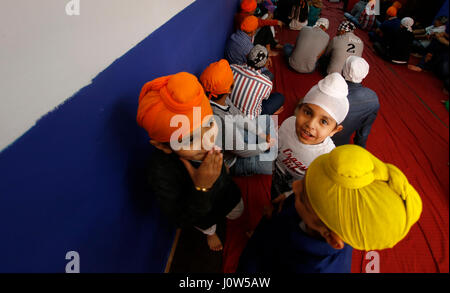 Sikh members seen during their Baisakhi celebration day inside a Sikh temple in the Spanish island of Majorca Stock Photo