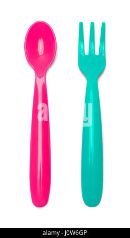 Pink Baby Spoon and Blue Plastic Fork Isolated on White Background. Stock Photo
