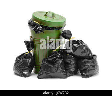 Garbage Can and Pile of Trash Bags Isolated on White Background. Stock Photo