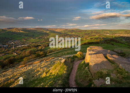 View from the rocky summit of Eccles Pike in the Peak District, Derbyshire, England. A lovely spring evening with view towards Chinley. Stock Photo