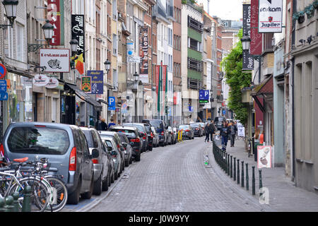 Busy commercial street in center of city on October 1, 2016, in Brussels, Belgium Stock Photo