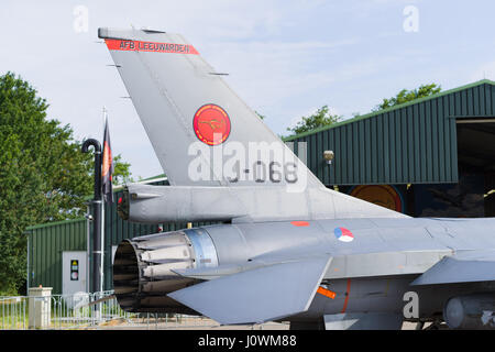 LEEUWARDEN, NETHERLANDS - JUNE 10, 2016: Tail of an F-16 fighting falcon at the Dutch Air Force open days. Stock Photo