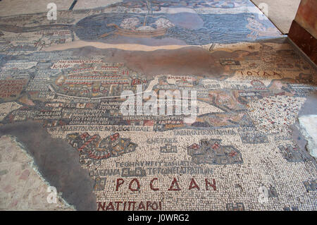 The Madaba Mosaic Map, a map Palestine and the Nile Delta dating from the 6th century on the floor of the Greek Orthodox Basilica of Saint George Stock Photo