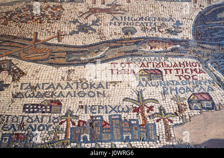 The Madaba Mosaic Map, a map Palestine and the Nile Delta dating from the 6th century on the floor of the Greek Orthodox Basilica of Saint George Stock Photo