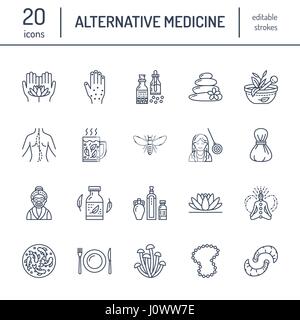 Alternative medicine line icons. Naturopathy, traditional treatment, homeopathy, osteopathy, herbal fish and leech therapy. Thin linear signs for health care center. color Stock Vector