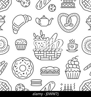Bakery seamless pattern, food vector background of black, white color. Confectionery products thin line icons - cake, croissant, muffin, pastry, cupcake, pie. Cute repeated illustration for sweet shop Stock Vector