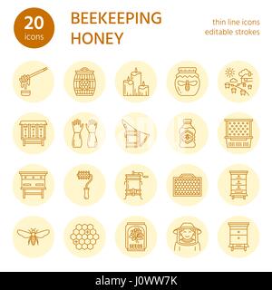 Beekeeping, apiculture line icons. Beekeeper equipment, honey processing, honeybee, beehives types, natural products. Bee-garden thin linear signs for organic farm shop. Orange, yellow color Stock Vector