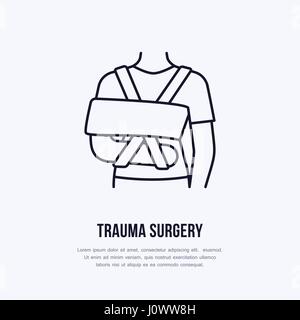 Shoulder immobiliser for broken leg icon, orthopedic surgery line logo. Flat sign for trauma rehabilitation equipment shop Stock Vector