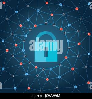 Global IT security protection concept. Web background with closed padlock and lines connecting dots. Stock Vector