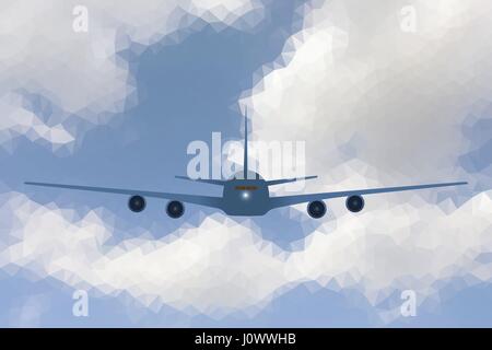 Airplane flying head on in low poly blue sky with clouds, vector illustration Stock Vector