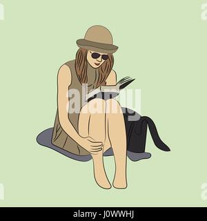 Girl sitting in grass and reading a book, vector sketch illustration Stock Vector