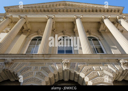 Osgoode Hall facade, front entrance, view from below, wide angle view, downtown Toronto, Ontario, Canada. Stock Photo