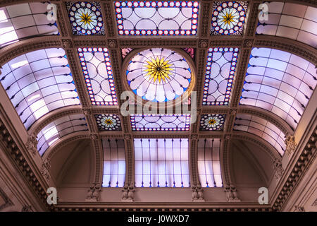 Osgoode Hall building stained glass skylight directly above the Atrium, Rotunda, view from below, Toronto, Ontario, Canada. Stock Photo