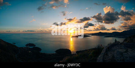 Island of Sveti Stefan close up at sunset. Montenegro, the Adria Stock Photo