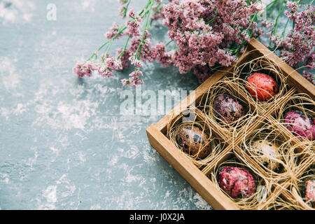 Multi-colored Easter eggs and flowers Stock Photo