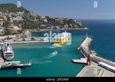 France, Nice, outer harbour and the ferry departing on it's way to Corsica. Stock Photo