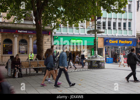 Queen Street,Cardiff, a large shopping precinct showing Card Factory, SpecSavers and NatWest Bank Stock Photo