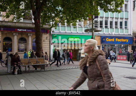 Queen Street,Cardiff, a large shopping precinct showing Card Factory, SpecSavers and NatWest Bank Stock Photo