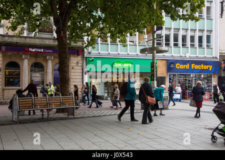 Queen Street,Cardiff, a large shopping precinct showing Card Factory, SpecSavers and NatWest Bank Stock Photo