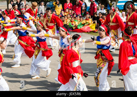 Japan, Kumamoto, Hinokuni Yosakoi Dance festival. Dance team in red yand white costume and using naruko, clappers, dancing in public square.