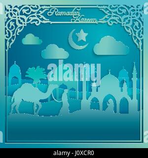 Ramadan Kareen silhouette camel mosque muslim prayer on desert Stock Vector