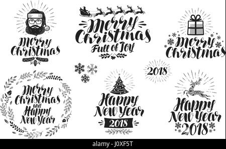 Merry Christmas or Happy New Year, label set. Xmas icon or logo. Typographic design, lettering, calligraphy vector illustration Stock Vector