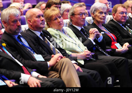 Former Scottish Conservative leader Baroness Goldie (3rd from L) listens to her successor Ruth Davidson's speech at the party conference in Edinburgh Stock Photo