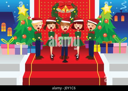 A vector illustration of happy kids singing Christmas Carols Stock Vector