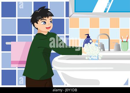 A vector illustration cute boy washing hands with soap Stock Vector