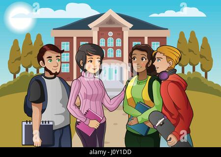 A vector illustration of college students talking on campus Stock Vector