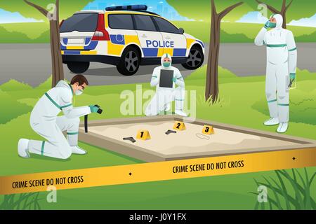 A vector illustration of forensics working on a crime scene Stock Vector
