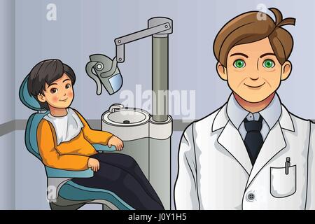 A vector illustration of little boy in the dentist office Stock Vector