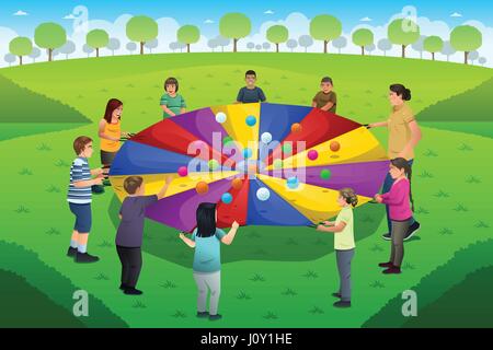 A vector illustration of teacher playing rainbow parachute together with her students Stock Vector