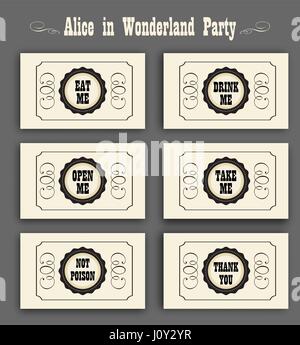 Alice in Wonderland vector set with labels Eat me, Drink , Open , Not poison, Thank you. ideal for decoration at a wedding Banquet or  birthday Stock Vector