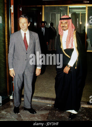 Deputy Secretary of State Kenneth Dam poses with the new Saudi Arabia Ambassador to the United States Prince Bandar bin Sultan after he had presented his offical credentials to the Secretary, Washington DC., October, 1983. Photo by Mark Reinstein Stock Photo
