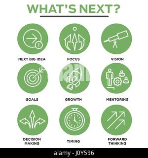 What's Next Icon Set with Big Idea, Mentoring, Decision Making, and Forward Thinking etc Icons Stock Vector